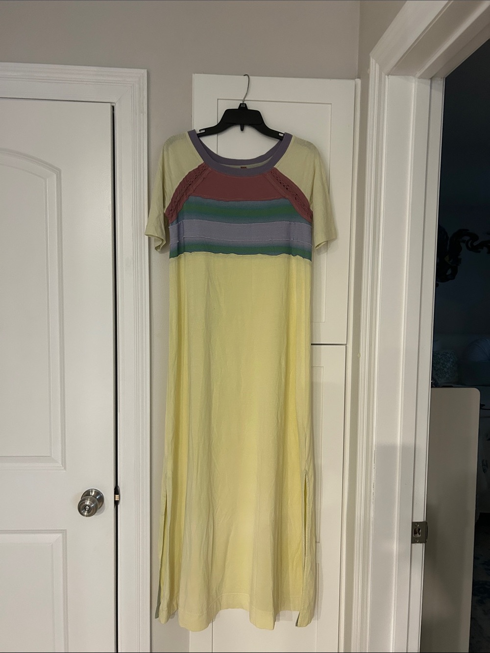 Free People Pastel Yellow Maxi Dress with Multicolor Striped Yoke